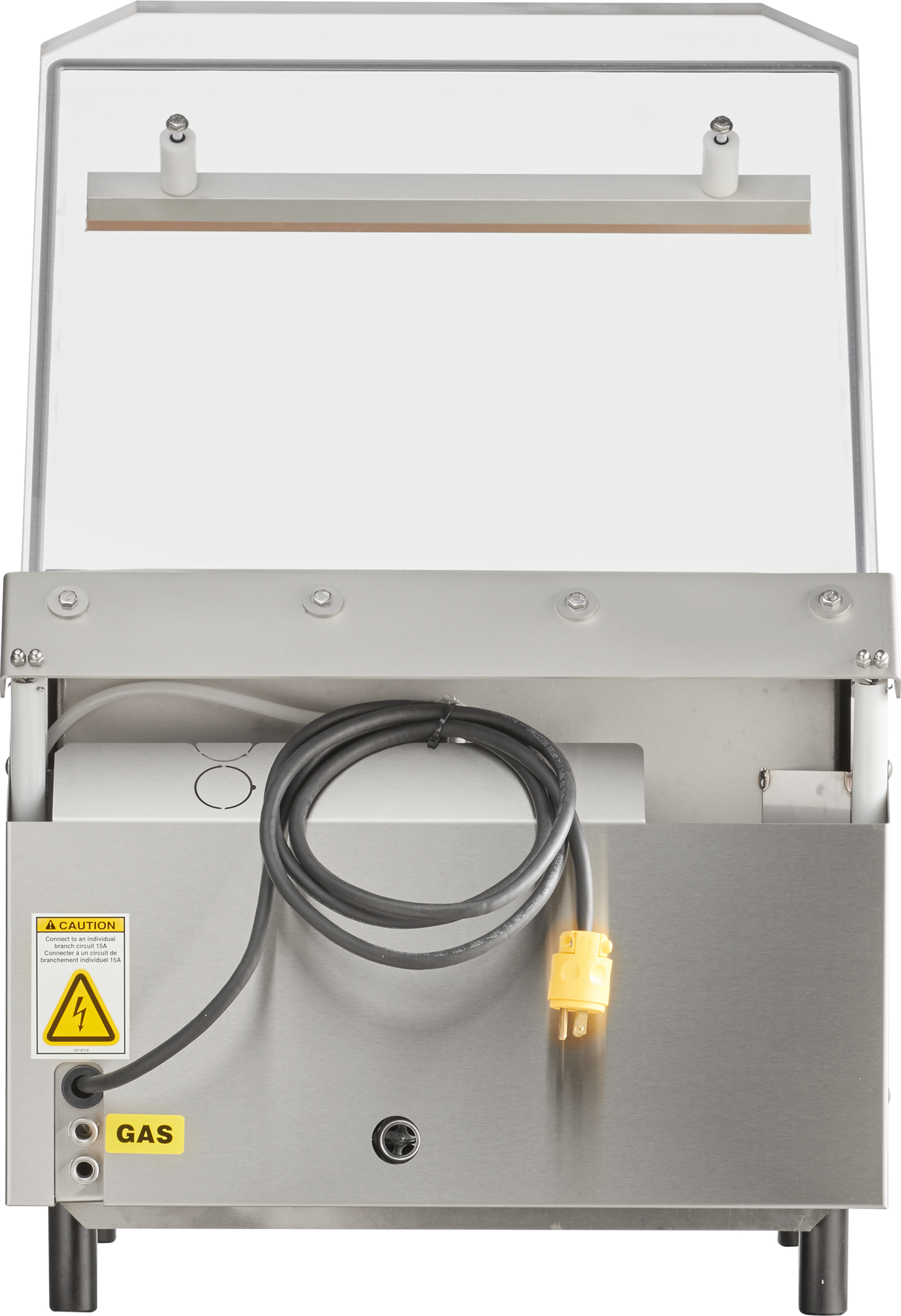 Front view of a Berkel single chamber Vacuum Packaging Machine in stainless steel with a hinged cover, yellow electrical plug on a black cord, and caution labels for electrical hazards and gas use. Background is plain white.
