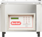 A Berkel single chamber vacuum packaging machine made of stainless steel, featuring a rectangular control panel with a small green display, numeric keypad, function buttons, and the red Berkel logo prominently displayed in the center.