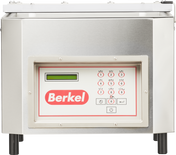A Berkel single chamber vacuum packaging machine made of stainless steel, featuring a rectangular control panel with a small green display, numeric keypad, function buttons, and the red Berkel logo prominently displayed in the center.