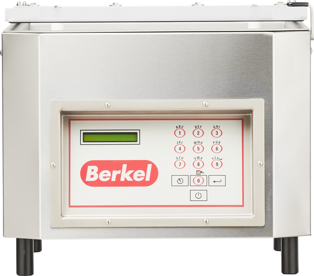 A Berkel single chamber vacuum packaging machine made of stainless steel, featuring a rectangular control panel with a small green display, numeric keypad, function buttons, and the red Berkel logo prominently displayed in the center.