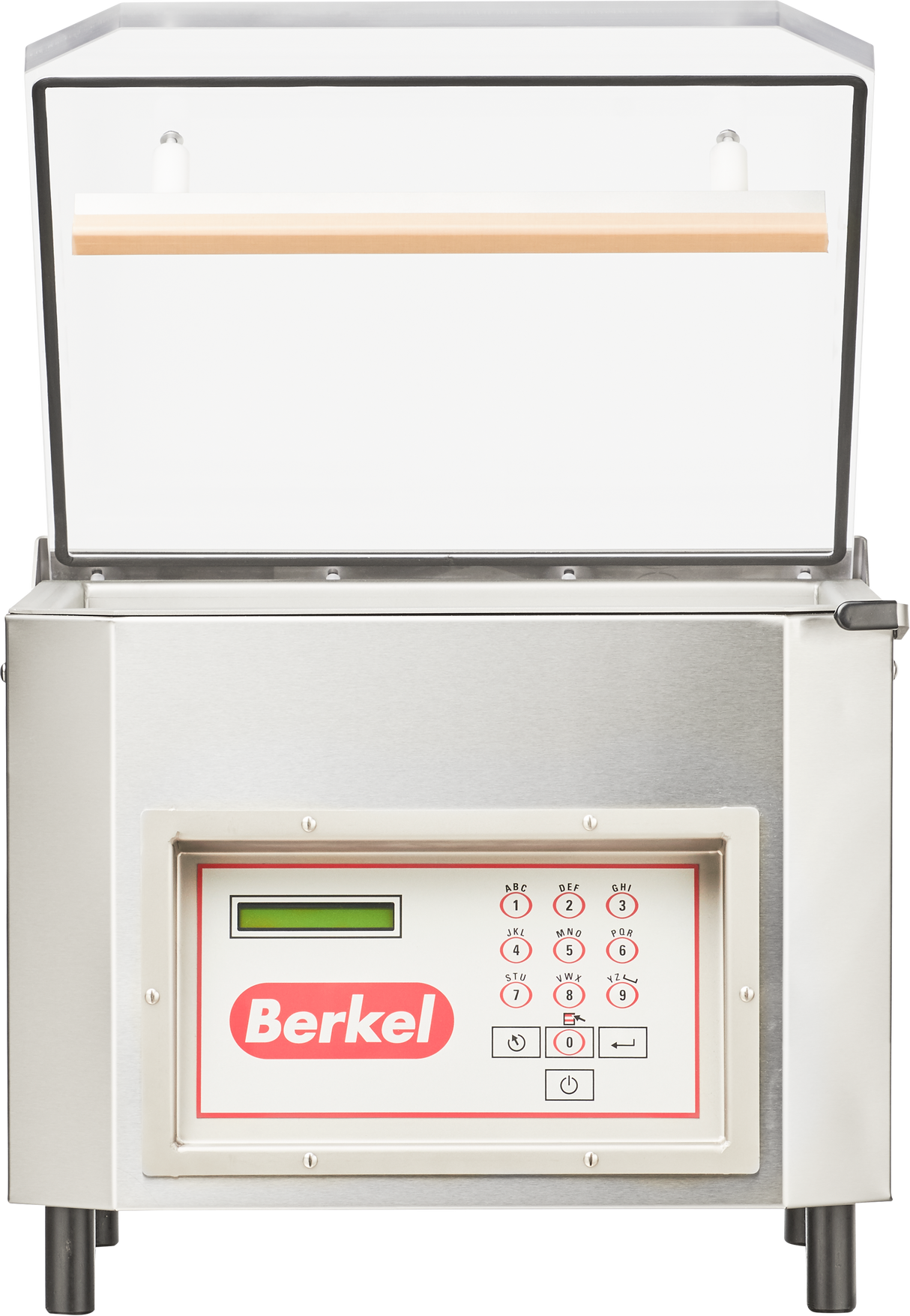 A stainless steel Berkel single chamber vacuum packaging machine with a transparent lid, wooden handle, and a digital control panel featuring a small display, keypad with numbers, function buttons, and the red Berkel logo on the front.