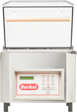 A stainless steel Berkel single chamber vacuum packaging machine with a transparent lid, wooden handle, and a digital control panel featuring a small display, keypad with numbers, function buttons, and the red Berkel logo on the front.