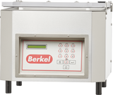 A stainless steel Berkel single chamber vacuum packaging machine with a digital control panel, numeric keypad, display screen, and red Berkel logo. It features a transparent plastic lid and stands on four black legs.