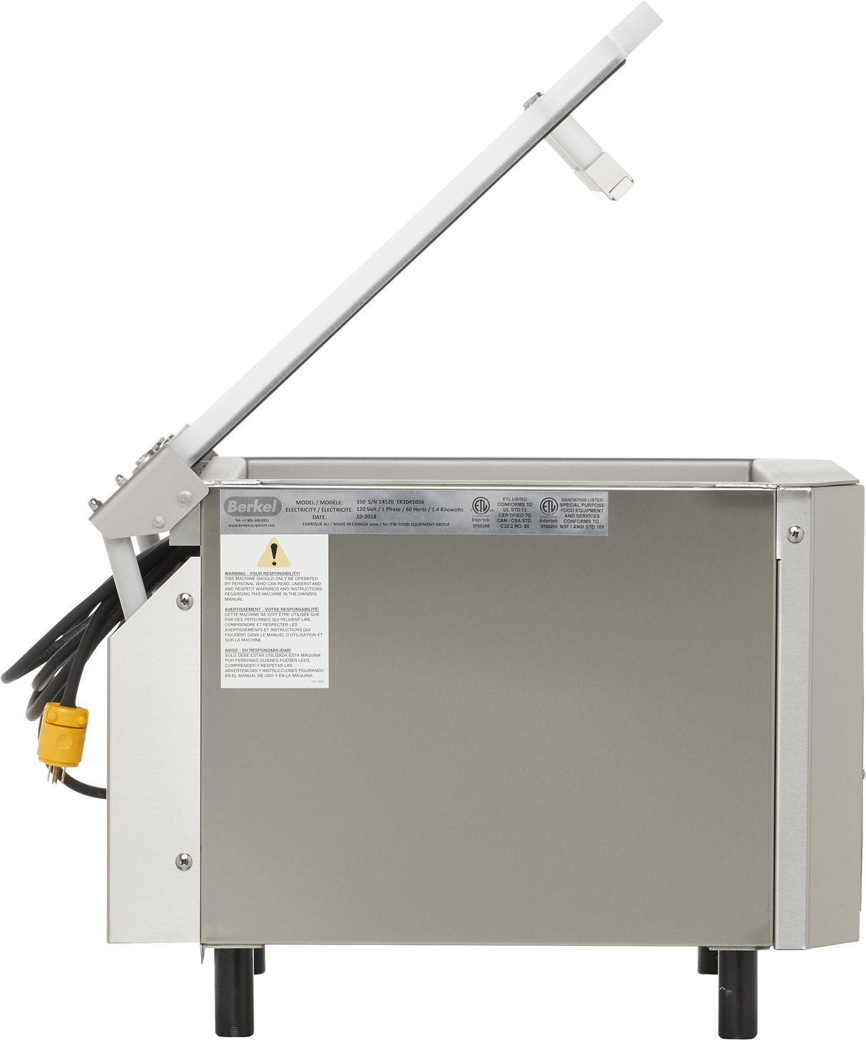 A Berkel stainless steel commercial food slicer with a raised handle, yellow electrical plug, and caution label stands on four black legs against a plain background, pairing perfectly with a single chamber Vacuum Packaging Machine.