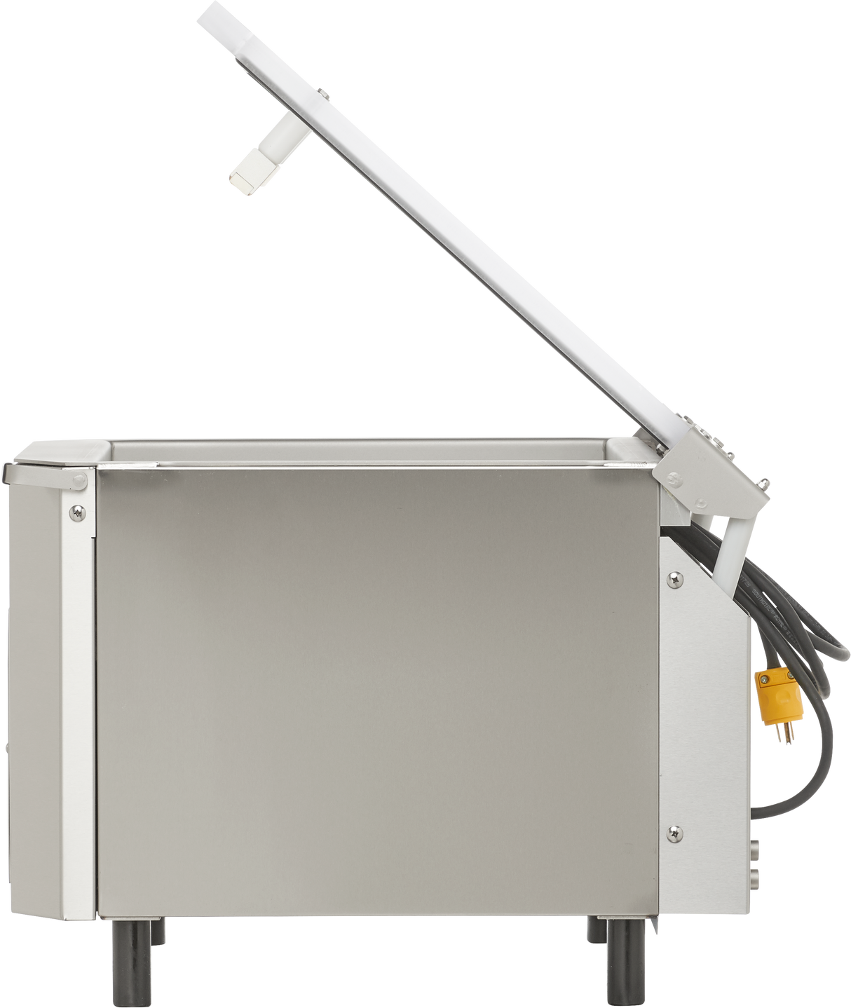 A Berkel single chamber Vacuum Packaging Machine, crafted in stainless steel, features a rectangular body on four short black legs. The hinged lid opens to reveal the inner compartment, while a black power cord and yellow plug extend from the back.