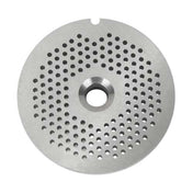 A round, flat metal chopper plate for a Varimixer, featuring a central hole and many smaller 1/16" holes arranged in circles. The smooth metallic surface and small notch on the edge suggest it's a machine or appliance part.