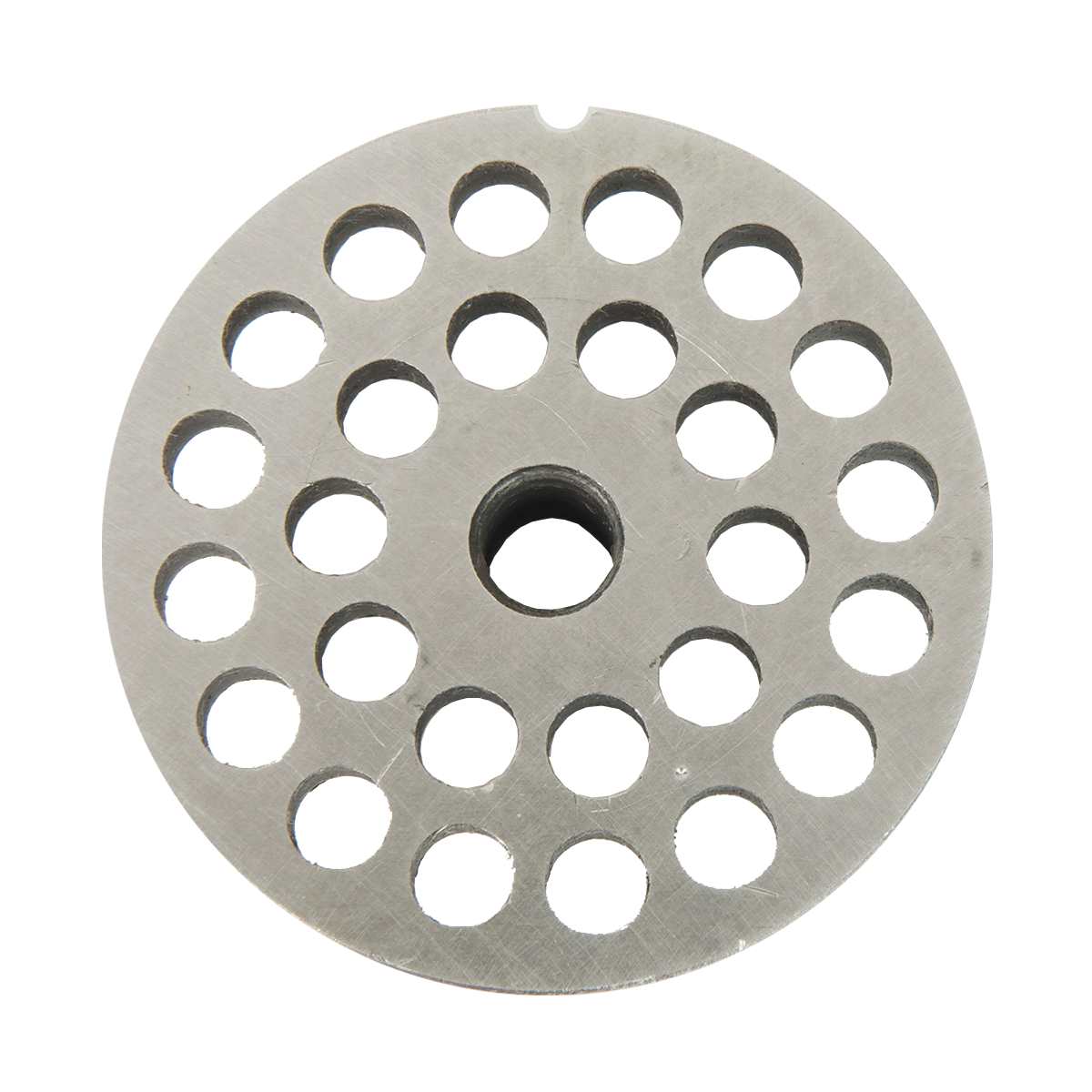 A round, flat metal disc with a central hole and multiple evenly spaced circular holes arranged in concentric rings, this 5/16" chopper plate is designed as a replacement component for Varimixer meat grinders or similar kitchen appliances.