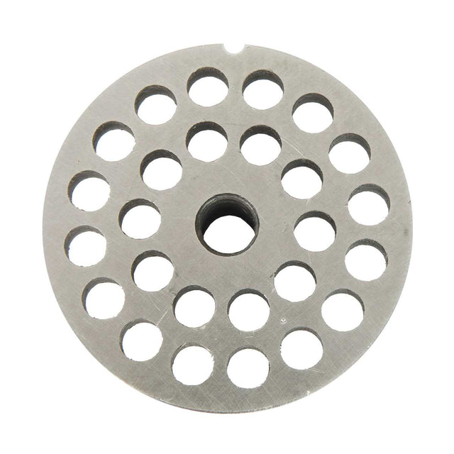 A round, flat metal disc with a central hole and multiple evenly spaced circular holes arranged in concentric rings, this 5/16" chopper plate is designed as a replacement component for Varimixer meat grinders or similar kitchen appliances.