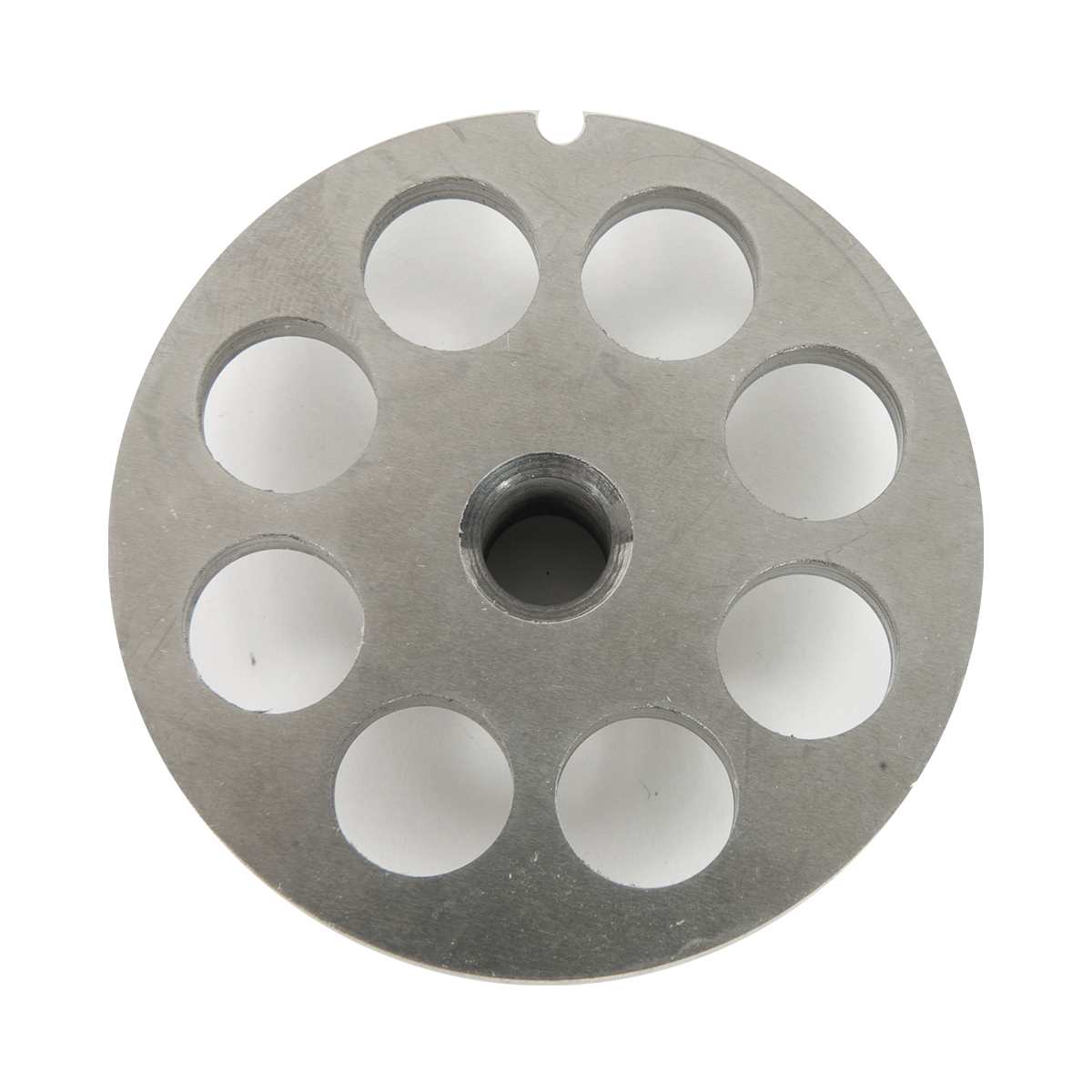 A round metallic chopper plate with a central 14mm hole and eight evenly spaced circular holes around it. Silver-colored, possibly used as a Varimixer component, its smooth surface is slightly reflective and industrial in appearance.