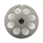 A round metallic chopper plate with a central 14mm hole and eight evenly spaced circular holes around it. Silver-colored, possibly used as a Varimixer component, its smooth surface is slightly reflective and industrial in appearance.