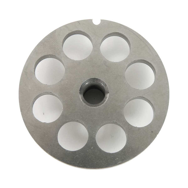 A round metallic chopper plate with a central 14mm hole and eight evenly spaced circular holes around it. Silver-colored, possibly used as a Varimixer component, its smooth surface is slightly reflective and industrial in appearance.