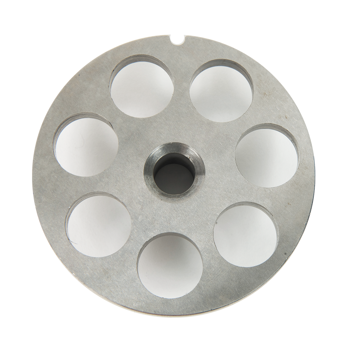 A round, flat, metallic Varimixer chopper plate with a central hole surrounded by seven evenly spaced 16mm circular holes in a ring. The disc has a smooth, matte finish, a small notch along its edge, and sits against a plain white background.