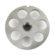 A round, flat, metallic Varimixer chopper plate with a central hole surrounded by seven evenly spaced 16mm circular holes in a ring. The disc has a smooth, matte finish, a small notch along its edge, and sits against a plain white background.
