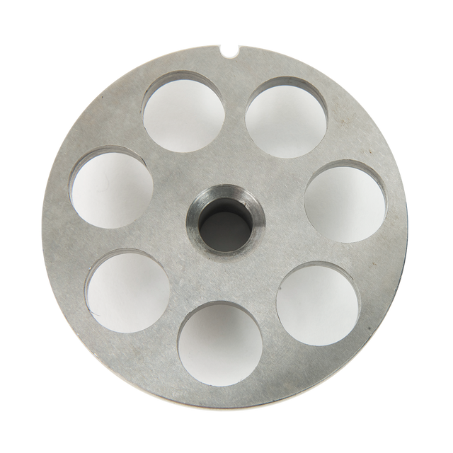 A round, flat, metallic Varimixer chopper plate with a central hole surrounded by seven evenly spaced 16mm circular holes in a ring. The disc has a smooth, matte finish, a small notch along its edge, and sits against a plain white background.
