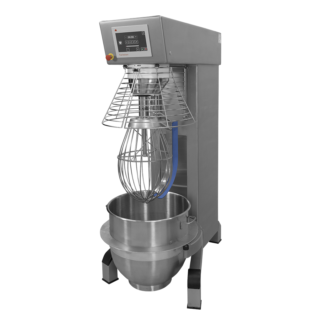A heavy duty planetary mixer with a 150 qt mixing bowl, digital control panel, protective wire guard, and wire whisk attachment. The stainless steel body stands on four sturdy legs. This programmable mixer is set against a plain white background.