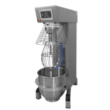 A heavy duty planetary mixer with a 150 qt mixing bowl, digital control panel, protective wire guard, and wire whisk attachment. The stainless steel body stands on four sturdy legs. This programmable mixer is set against a plain white background.