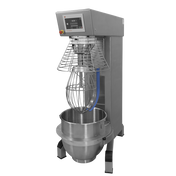 A heavy duty planetary mixer with a 150 qt mixing bowl, digital control panel, protective wire guard, and wire whisk attachment. The stainless steel body stands on four sturdy legs. This programmable mixer is set against a plain white background.
