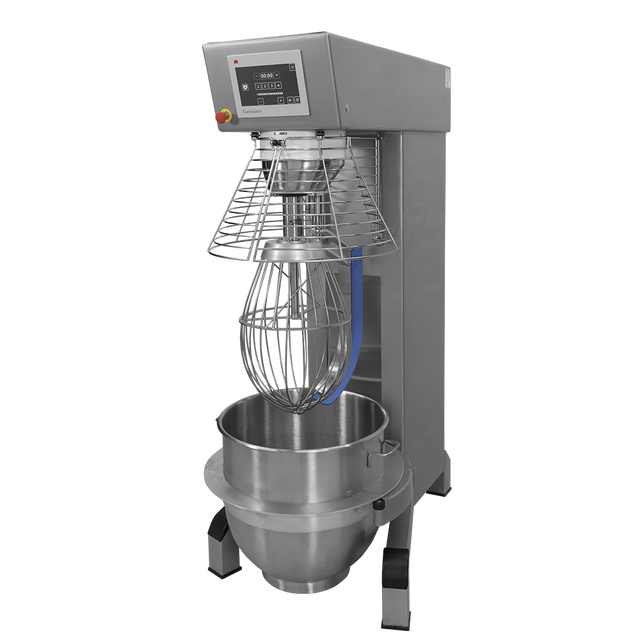 A heavy duty planetary mixer with a 150 qt mixing bowl, digital control panel, protective wire guard, and wire whisk attachment. The stainless steel body stands on four sturdy legs. This programmable mixer is set against a plain white background.