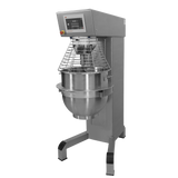 A heavy duty planetary mixer with a large 150 qt mixing bowl, protective wire guard, and digital programmable control panel. The mixer stands on sturdy legs with black rubber feet and features a sleek brushed metal finish against a plain white background.