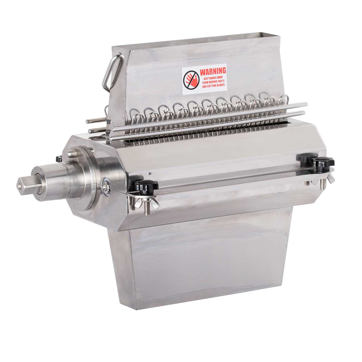 A stainless steel Middleby industrial meat tenderizer machine with multiple sharp blades, two black adjustment knobs, and a visible warning label. The sturdy, angular build features a handle on top and is compatible with a Meat Tenderizer Attachment.