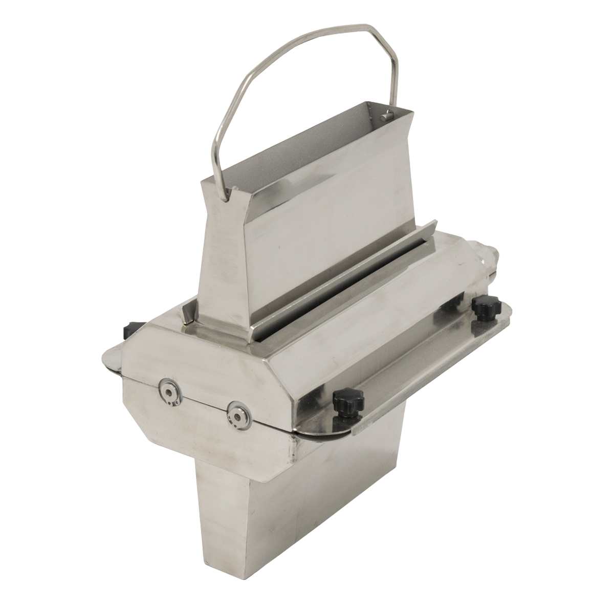 A stainless steel manual sausage stuffer with a rectangular body, two black knobs, and a tall handle on top. Compatible with Strip Cutter Attachment or Varimixer accessories, it's ideal for processing meat in an industrial, functional style.