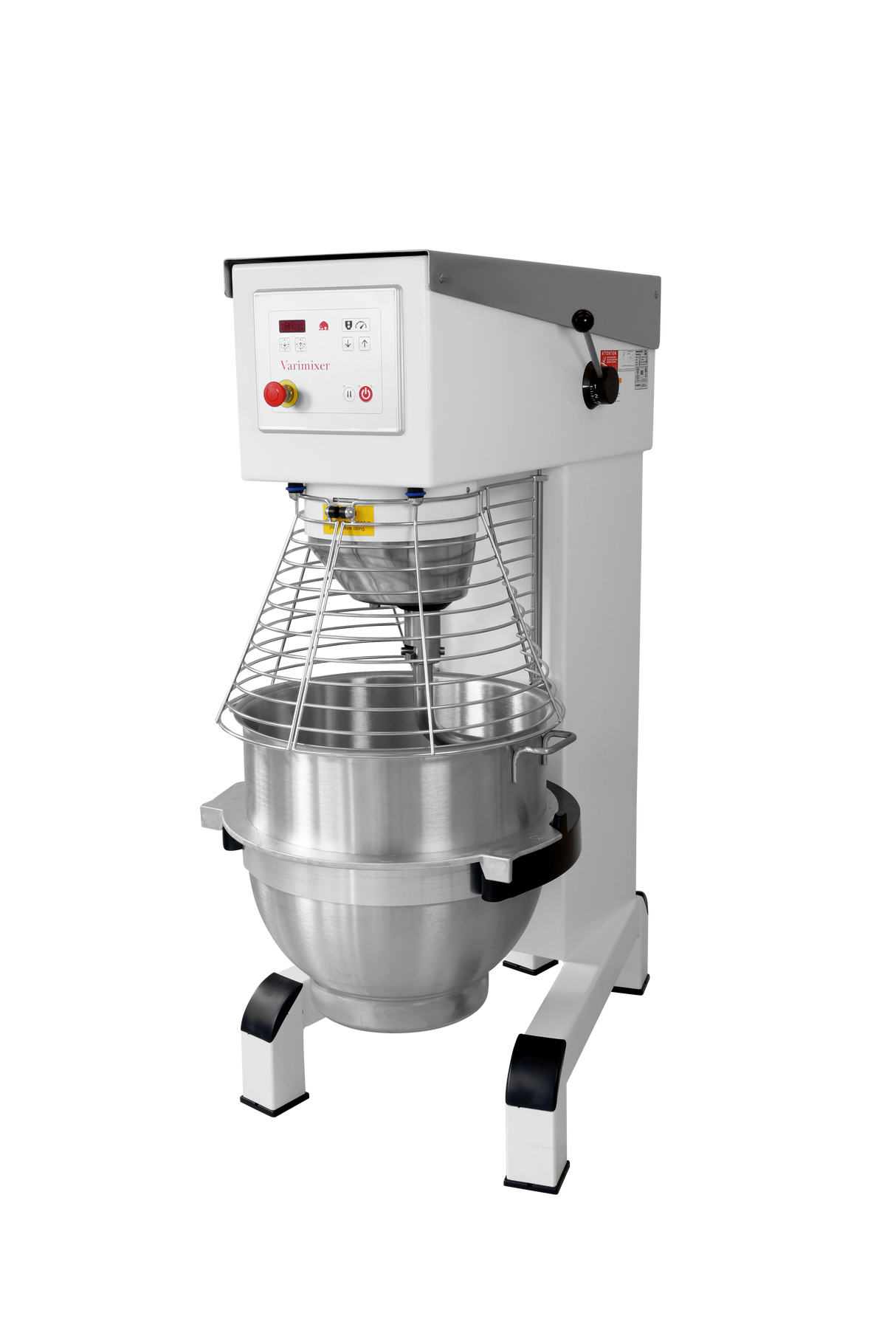 A commercial Varimixer planetary mixer with a large 100 quart stainless steel mixing bowl, safety wire guard, and electronic control panel. It features a sturdy white and black frame, with all controls conveniently located on the front upper section.