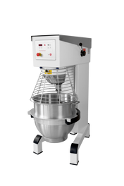 A commercial Varimixer planetary mixer with a large 100 quart stainless steel mixing bowl, safety wire guard, and electronic control panel. It features a sturdy white and black frame, with all controls conveniently located on the front upper section.