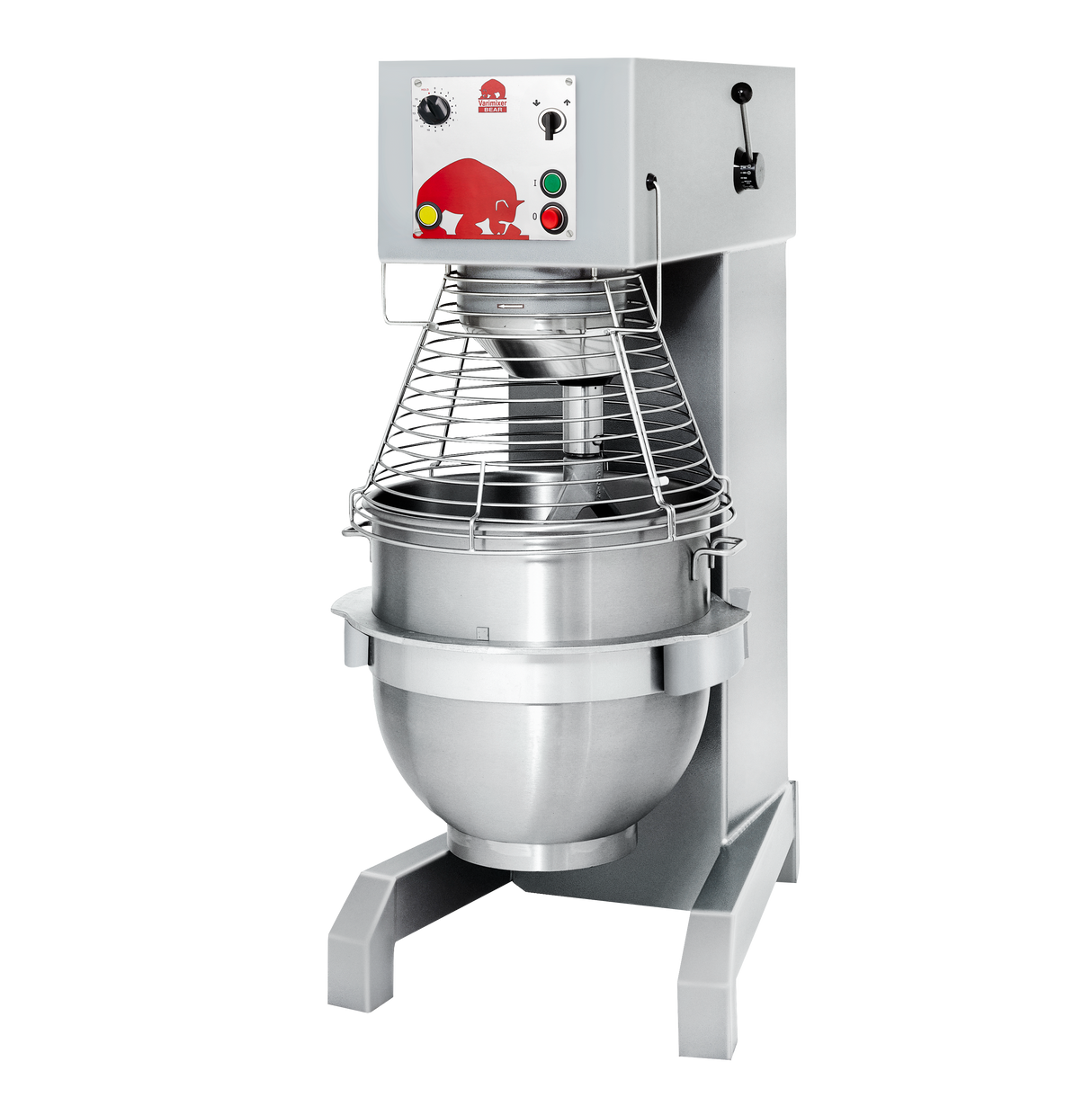 A large commercial planetary mixer with a metal bowl, protective wire guard, and control panel featuring buttons, a knob, and indicator lights, all mounted on a sturdy metal base against a plain white background.