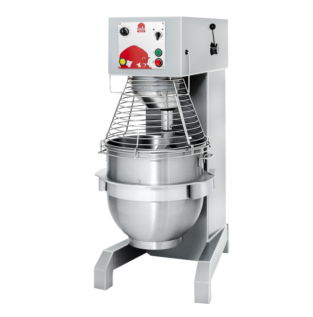 A large commercial planetary mixer with a metal bowl, protective wire guard, and control panel featuring buttons, a knob, and indicator lights, all mounted on a sturdy metal base against a plain white background.