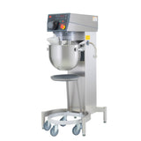 A large, industrial 20 qt. Food Mixer with a digital control panel, mixing bowl, and safety guard. This Varimixer KODIAK model includes four wheels for mobility and a black seat for operator use—ideal for commercial kitchens or bakeries.