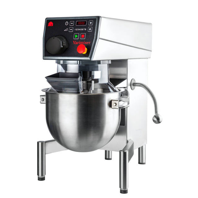The Varimixer 20 qt Food Mixer features a stainless steel bowl, digital display, and top control panel. With sturdy legs, a side lever, and a beater attachment inside the bowl, this commercial mixer is built for reliable performance.