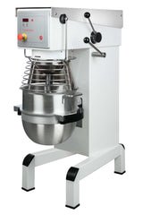 A large industrial 30 qt mixer with a stainless steel bowl, metal wire safety guard, control panel, levers, and a white and silver body. This planetary mixer stands on four sturdy legs with black foot caps.