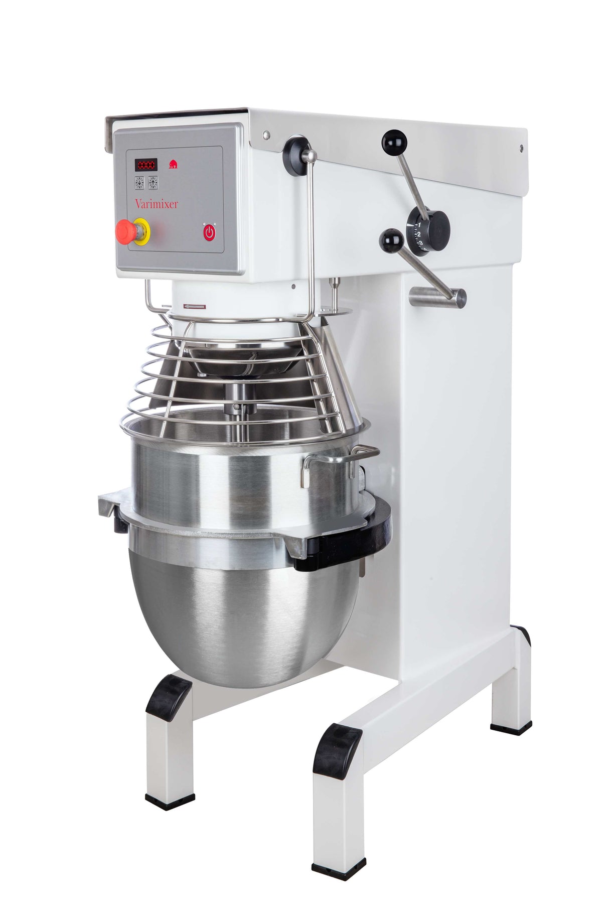 A large planetary mixer with a stainless steel mixing bowl, metal safety guard, and control panel featuring buttons and a display. This commercial mixer is white with black feet and designed for heavy-duty kitchen use.