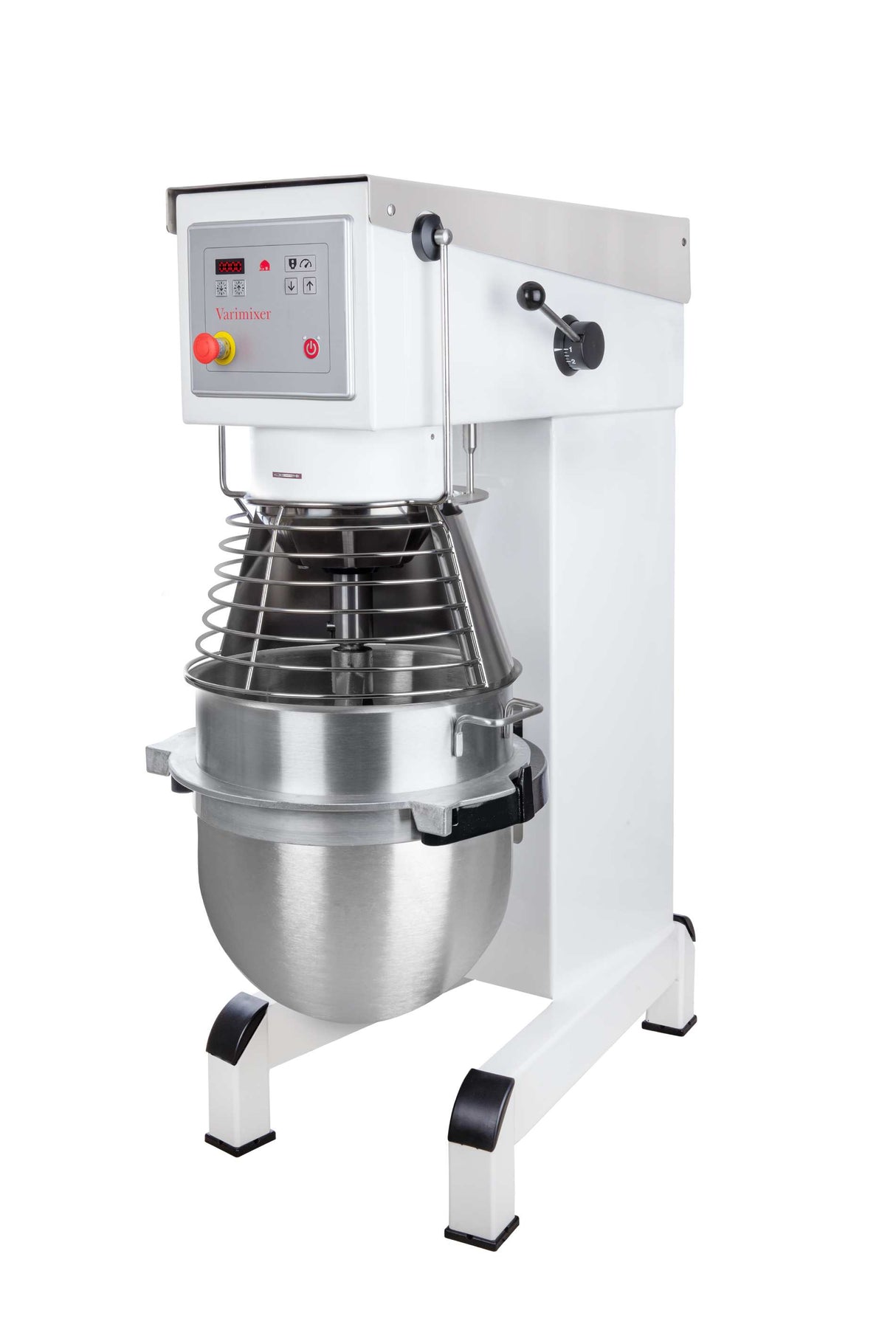 A large 60 quart mixer with a digital display and control buttons on the front, a stainless steel mixing bowl, variable speed drive, and a protective wire guard. The mainly white planetary mixer features black and metallic accents and sturdy legs.