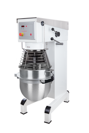 A commercial planetary mixer with a large stainless steel mixing bowl, metal wire guard, digital control panel, two control knobs, and a sturdy white frame with black-tipped feet, photographed against a plain white background.