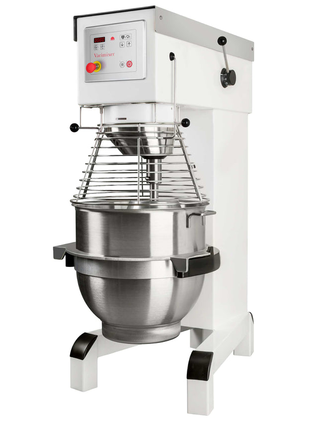 The Varimixer V80PL is a commercial planetary mixer featuring a digital control panel, large 80qt stainless steel mixing bowl, protective metal guard, and sturdy white body on black feet—perfect for heavy-duty kitchen or bakery use.