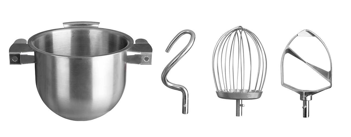 A stainless steel bowl sits next to three 20 quart mixer attachments: a dough hook, a heavy wire whip, and a flat beater, all arranged in a row on a white background.