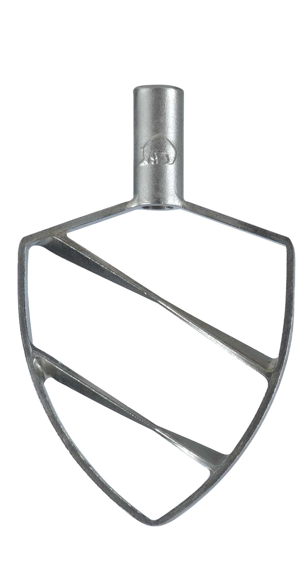 A stainless steel Flat Beater attachment for a stand mixer, shaped like an upside-down triangle with rounded edges and three diagonal crossbars. The top features a cylindrical connector, designed to fit a 5 qt. bowl.