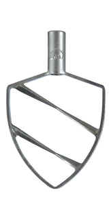 A stainless steel Flat Beater attachment for a stand mixer, shaped like an upside-down triangle with rounded edges and three diagonal crossbars. The top features a cylindrical connector, designed to fit a 5 qt. bowl.