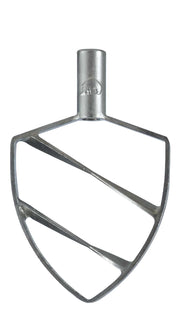 A stainless steel Flat Beater attachment for a stand mixer, shaped like an upside-down triangle with rounded edges and three diagonal crossbars. The top features a cylindrical connector, designed to fit a 5 qt. bowl.