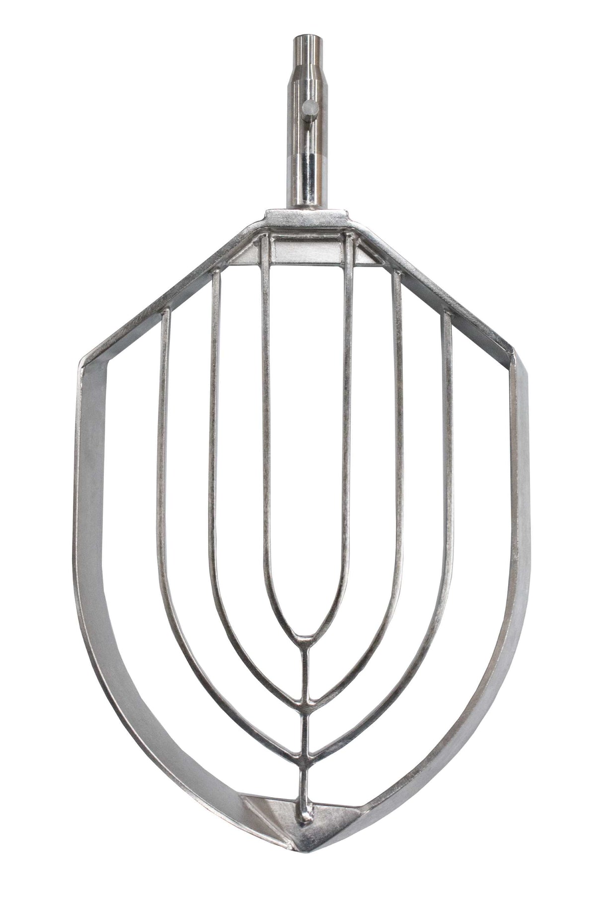 A Stainless Steel Vertical Beater for the 150Q ERGO Mixer by Varimixer, featuring a central shaft and a wide, open frame with curved and straight bars forming a geometric, leaf-like pattern—ideal for mixing ingredients in baking and cooking.
