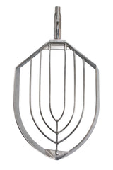 A Stainless Steel Vertical Beater for the 150Q ERGO Mixer by Varimixer, featuring a central shaft and a wide, open frame with curved and straight bars forming a geometric, leaf-like pattern—ideal for mixing ingredients in baking and cooking.