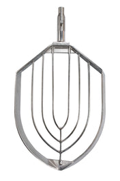 A Stainless Steel Vertical Beater for the 150Q ERGO Mixer by Varimixer, featuring a central shaft and a wide, open frame with curved and straight bars forming a geometric, leaf-like pattern—ideal for mixing ingredients in baking and cooking.