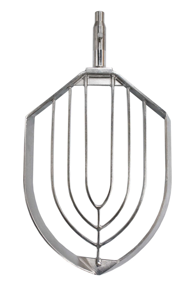 A Stainless Steel Vertical Beater for the 150Q ERGO Mixer by Varimixer, featuring a central shaft and a wide, open frame with curved and straight bars forming a geometric, leaf-like pattern—ideal for mixing ingredients in baking and cooking.