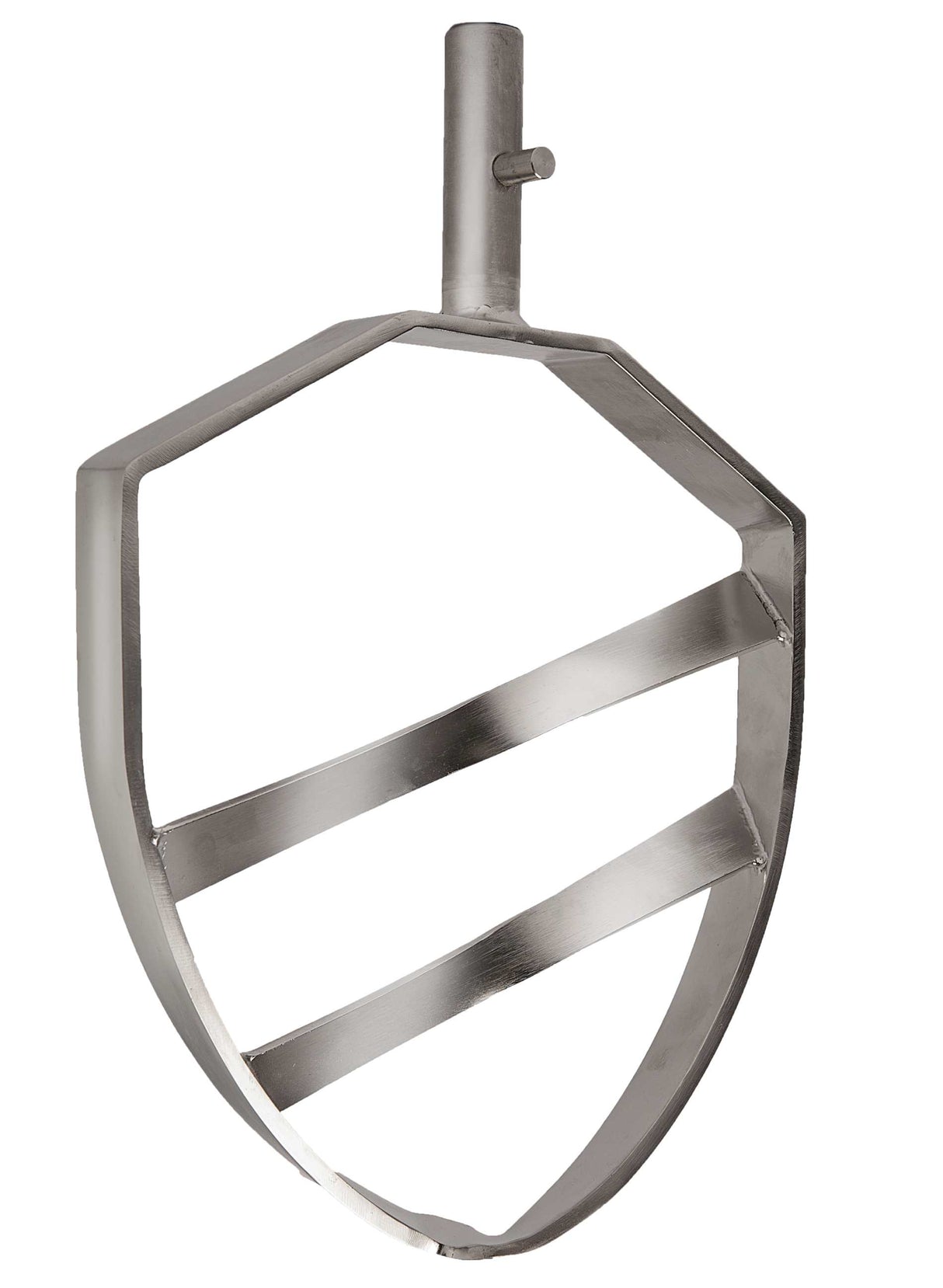 A stainless steel 20 Qt. Kodiak Beater paddle attachment for Varimixer, featuring a shield-like open-frame design with two angled horizontal bars and a cylindrical connector at the top, offering durability and efficient mixing.