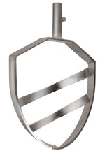 A stainless steel 20 Qt. Kodiak Beater paddle attachment for Varimixer, featuring a shield-like open-frame design with two angled horizontal bars and a cylindrical connector at the top, offering durability and efficient mixing.