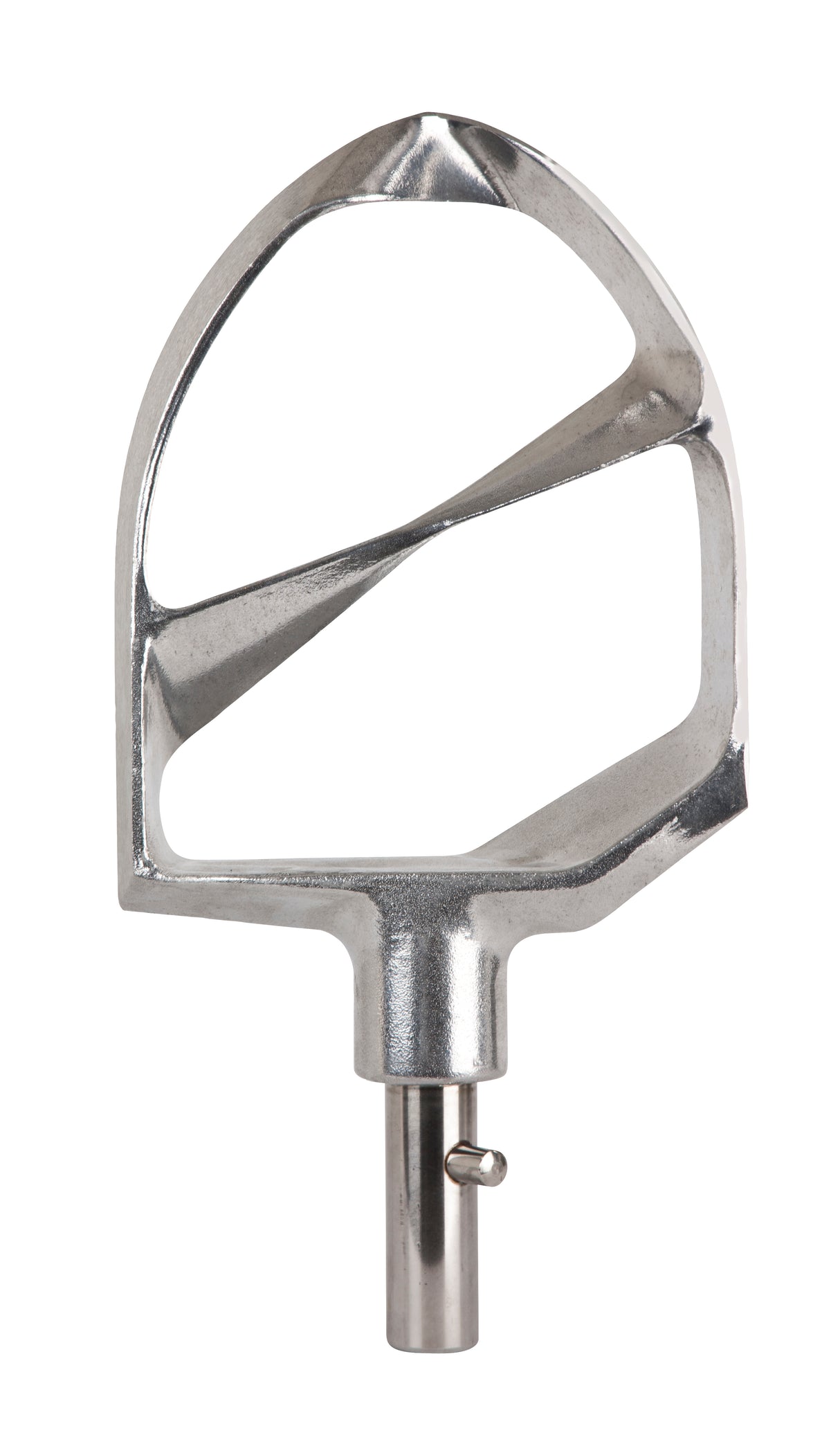 A Varimixer Flat Beater attachment for a stand mixer, designed for a 100 qt. bowl, features a rounded triangular frame with two flat, angled crossbars and a cylindrical connector at the base with a locking pin.