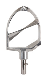 A Varimixer Flat Beater attachment for a stand mixer, designed for a 100 qt. bowl, features a rounded triangular frame with two flat, angled crossbars and a cylindrical connector at the base with a locking pin.