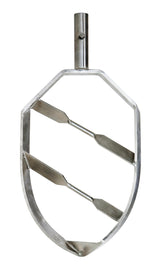 A stainless steel beater for the 100Q ERGO Mixer by Varimixer, this metal paddle features a hexagonal frame with three diagonal blades and a shiny, durable finish. The top has a cylindrical connector for easy mixer attachment.