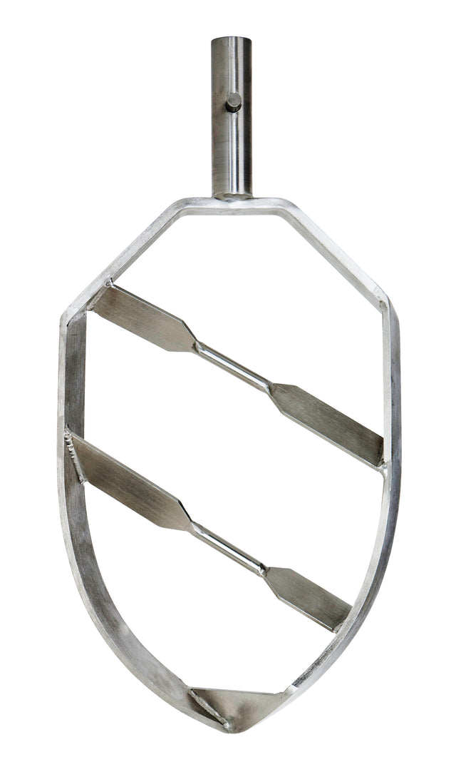 A stainless steel beater for the 100Q ERGO Mixer by Varimixer, this metal paddle features a hexagonal frame with three diagonal blades and a shiny, durable finish. The top has a cylindrical connector for easy mixer attachment.